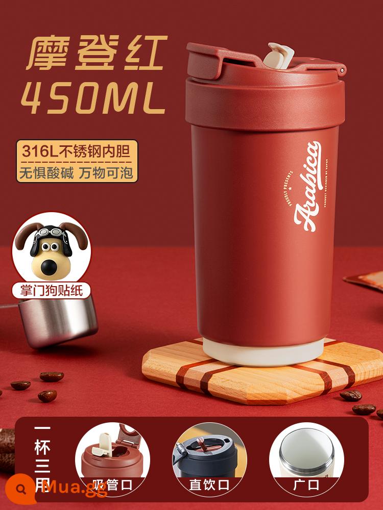 Supor cách nhiệt Cà phê Cup Girls High Beauty Straw Water Cup đi kèm với bộ đếm gốm sứ lớn lớn - Modern Red 450ml [316 Liner] đi kèm nhãn dán + cọ cốc + cọ ống