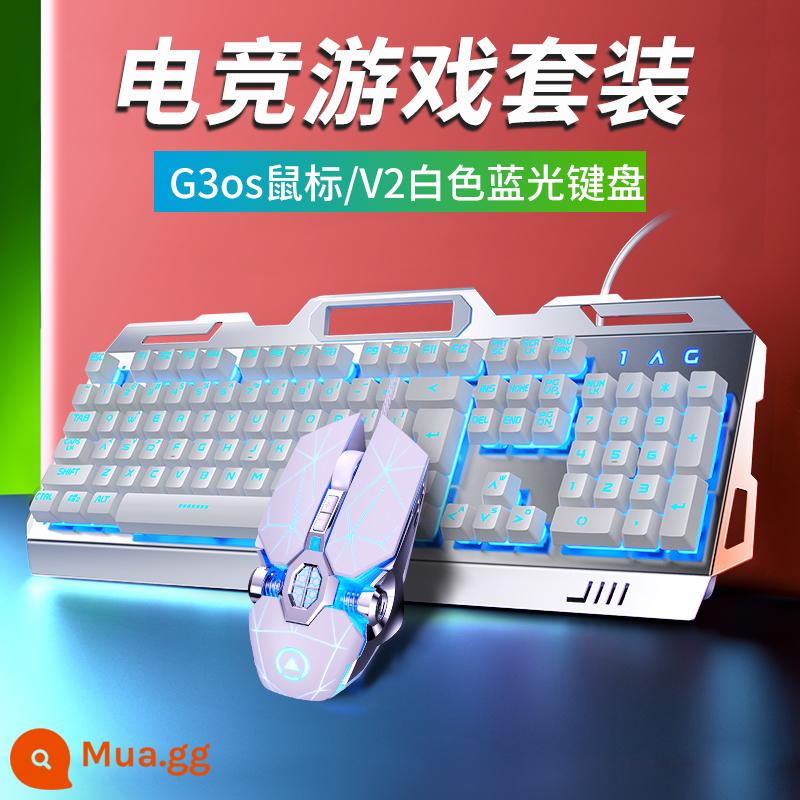 Bộ bàn phím và chuột bảng kim loại khắc bạc V2 có dây USB máy tính notebook ăn gà trò chơi thể thao điện tử thiết bị bên ngoài - Phiên bản Blu-ray-Basic V2 trắng + Chuột G3OS