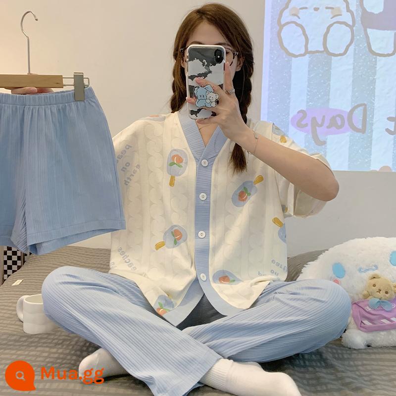 Bộ đồ ngủ ba mảnh có đệm ngực mùa hè nữ cotton nguyên chất mới đơn giản cao cấp cảm giác cỡ lớn ngắn tay phần mỏng dịch vụ tại nhà - 7343 Bộ ba món kem đào