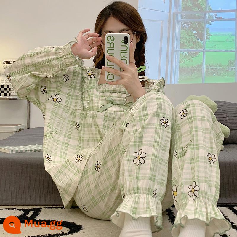 Bộ đồ ngủ nữ cotton nhỏ tươi mới 2022 xuân thu đông dài tay jacquard phong cách công chúa bộ đồ phục vụ tại nhà - 3384 hoa cúc