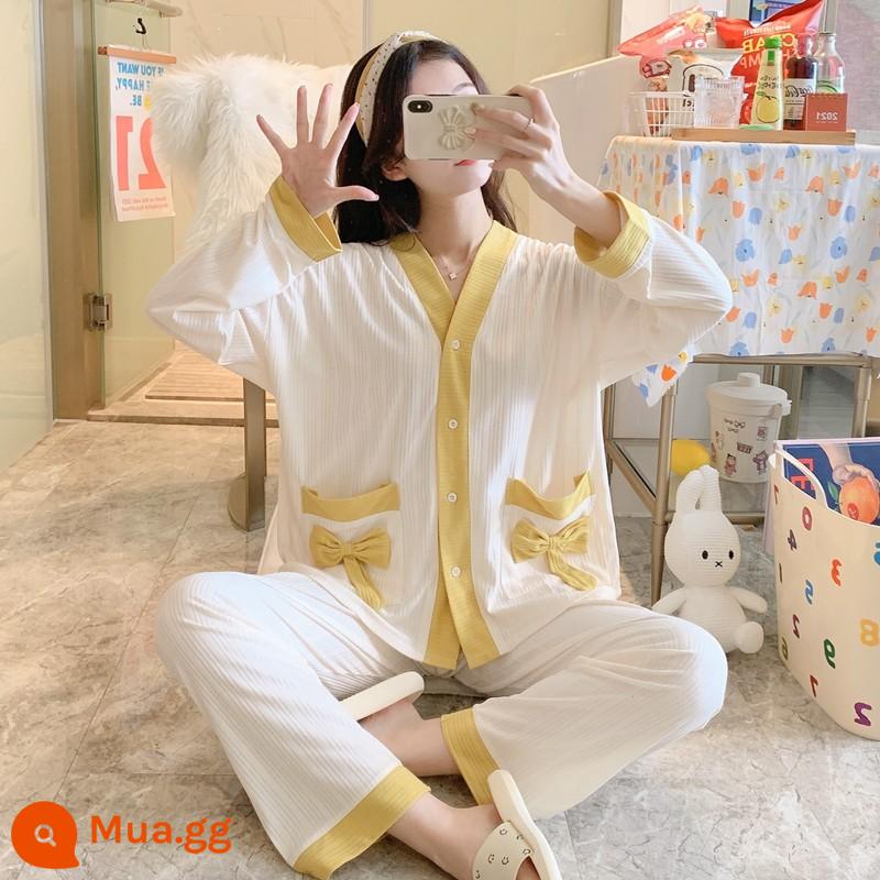 Bộ đồ ngủ nữ xuân thu đông dài tay cotton nguyên chất 2022 bộ đồ phục vụ gia đình học sinh ngọt ngào dễ thương mới có thể mặc ra ngoài - Bướm bỏ túi 585BA màu vàng