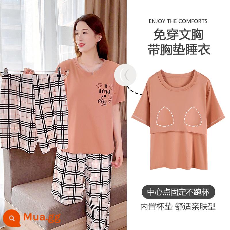 Bộ đồ ngủ ba mảnh có đệm ngực mùa hè nữ cotton nguyên chất mới đơn giản cao cấp cảm giác cỡ lớn ngắn tay phần mỏng dịch vụ tại nhà - 241003 Bộ ba chữ màu cam kèm miếng đệm ngực