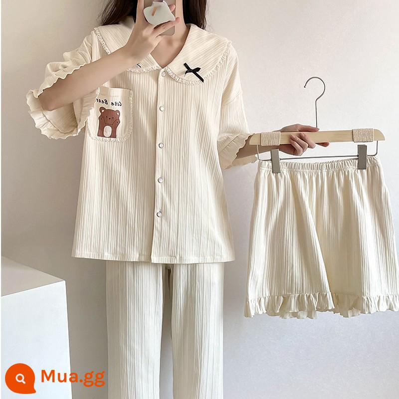 Bộ đồ ngủ ba mảnh có đệm ngực mùa hè nữ cotton nguyên chất mới đơn giản cao cấp cảm giác cỡ lớn ngắn tay phần mỏng dịch vụ tại nhà - 32925 Bộ ba món hình gấu nâu hoa mai bỏ túi