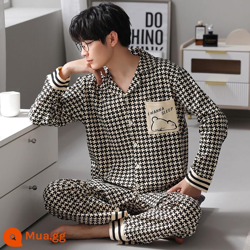 Bộ đồ ngủ nam cao cấp, bộ vest dài tay cotton nguyên chất mùa xuân thu, bộ quần áo mặc ở nhà mùa đông size lớn cho nam có thể mặc ra ngoài - Mẫu nam gấu Anh 6207BH