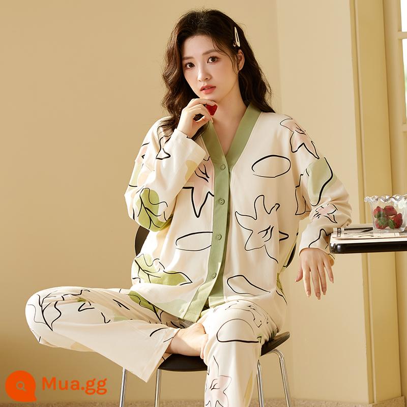 Bộ đồ ngủ nữ xuân thu cotton nguyên chất tay dài hoạt hình dễ thương đi chơi 2023 bộ đồ mặc nhà rộng mùa đông mới - 72251 Viền xanh phác thảo hoa mai