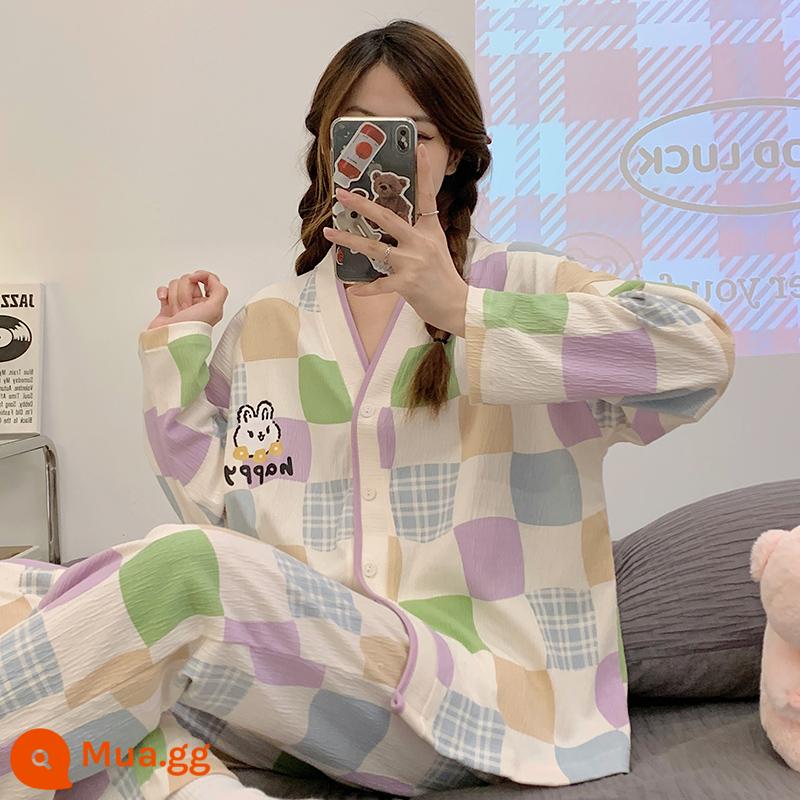 Bộ đồ ngủ nữ cotton nhỏ tươi mới 2022 xuân thu đông dài tay jacquard phong cách công chúa bộ đồ phục vụ tại nhà - 3532 Thỏ kẻ sọc