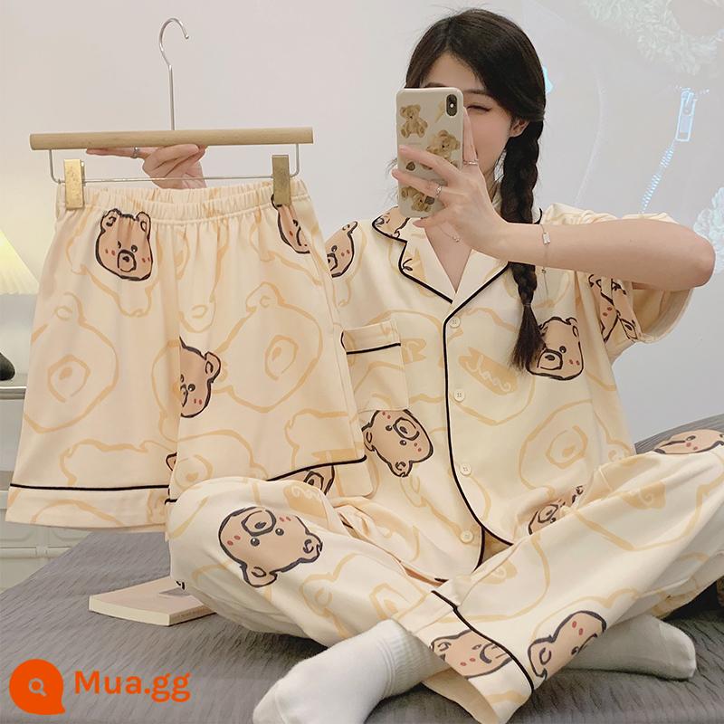 Bộ đồ ngủ ba mảnh có đệm ngực mùa hè nữ cotton nguyên chất mới đơn giản cao cấp cảm giác cỡ lớn ngắn tay phần mỏng dịch vụ tại nhà - Bộ ba món 6683 Gấu Nhỏ Bộ ba món