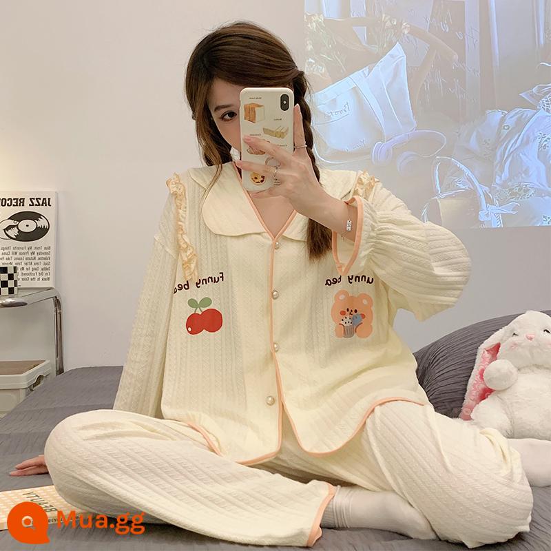 Bộ đồ ngủ nữ cotton nhỏ tươi mới 2022 xuân thu đông dài tay jacquard phong cách công chúa bộ đồ phục vụ tại nhà - 3507 Anh Đào Gấu