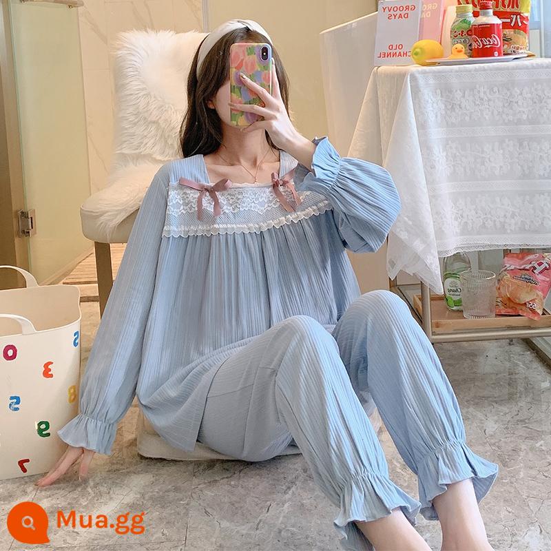 Bộ đồ ngủ nữ có thể mặc ra ngoài vào mùa xuân thu đông cotton nguyên chất dễ thương và trẻ trung bộ đồ mặc nhà mới 2022 rộng rãi - Peacock Blue 82171 Bướm đôi cổ vuông