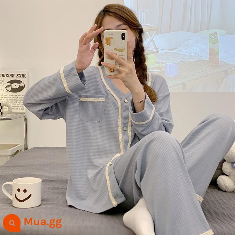 Bộ đồ ngủ nữ cotton nhỏ tươi mới 2022 xuân thu đông dài tay jacquard phong cách công chúa bộ đồ phục vụ tại nhà - Sky Blue 2201 Túi Ren Xanh