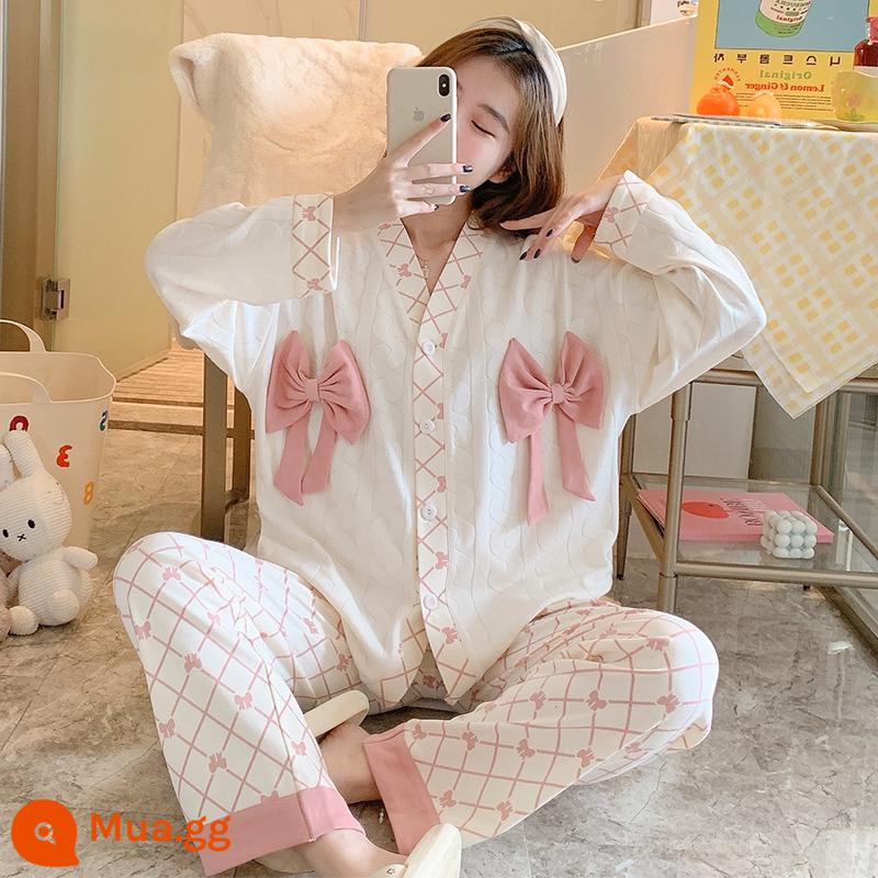 Bộ đồ ngủ nữ xuân thu đông dài tay cotton nguyên chất 2022 bộ đồ phục vụ gia đình học sinh ngọt ngào dễ thương mới có thể mặc ra ngoài - Nơ N3105FE màu đỏ