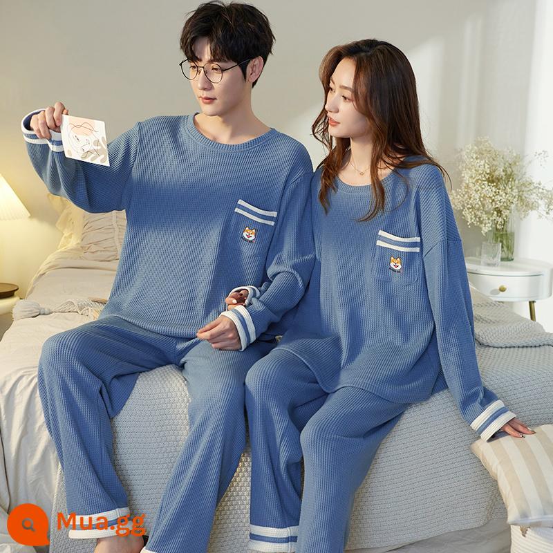 Bộ đồ ngủ cặp đôi Nanjiren Mùa xuân và mùa thu cotton nguyên chất dài tay cho nam và nữ Bộ đồ mùa thu và mùa đông Sunny Homewear - ZX:3310 Cặp đôi sọc xanh tiếng Anh Áo thun chui đầu dài tay và quần dài Shiba Inu