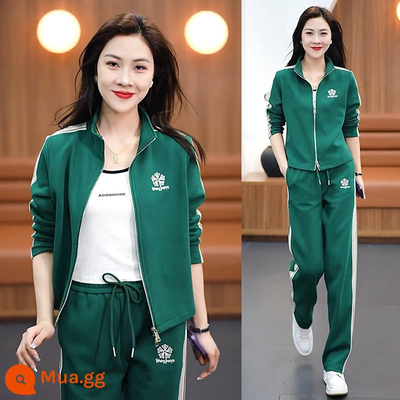 Bộ đồ thể thao thông thường nữ xuân thu 2023 phong cách mới thời trang năm nay cardigan nước ngoài quần ống rộng bộ đồ hai mảnh - Màu xanh lá cây [bộ hai mảnh]