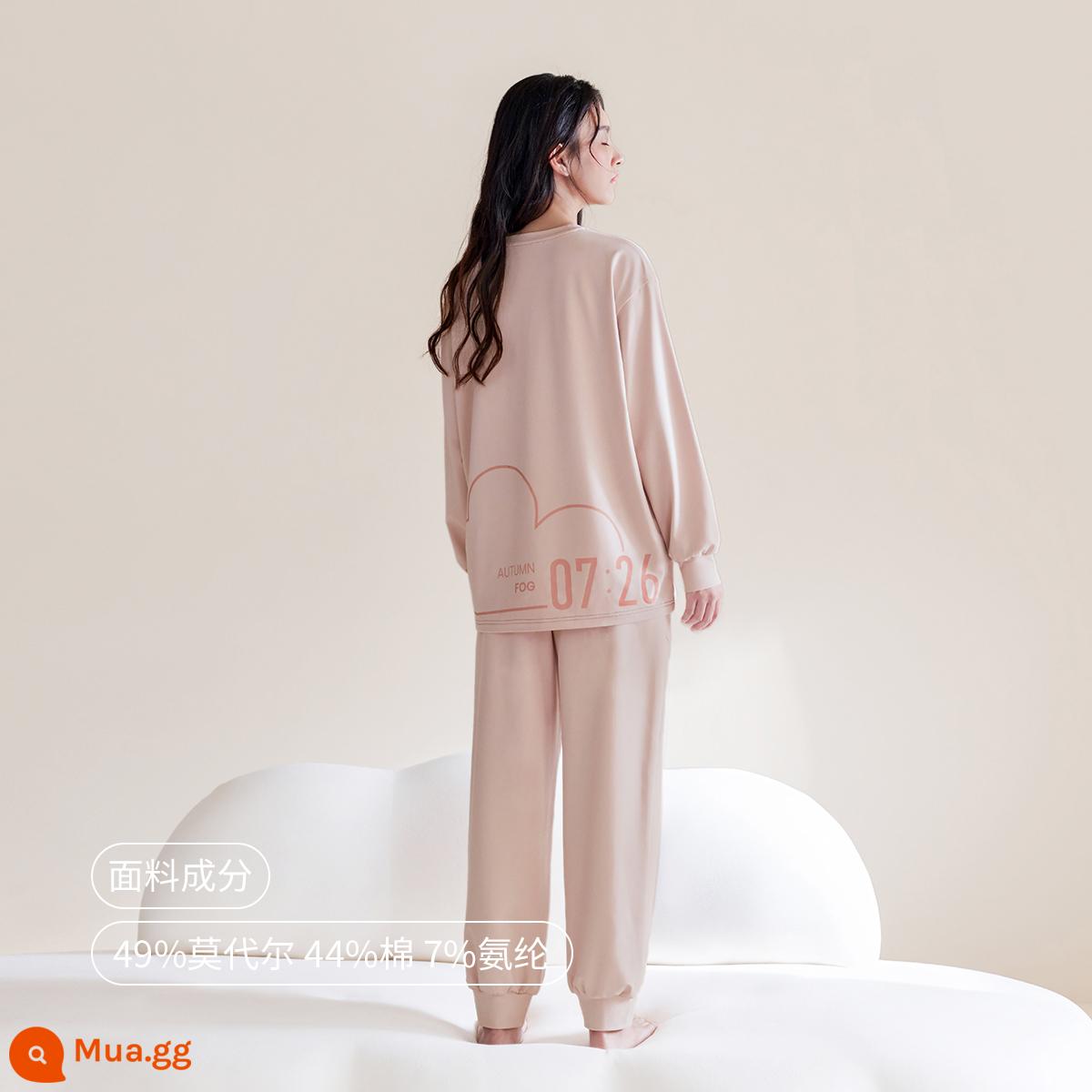 Jingyun [Siêu mềm] Bộ đồ ngủ đám mây dành cho nữ Mùa xuân và mùa thu cotton bé dài tay Dịch vụ ngủ tại nhà Cặp đôi phù hợp với nam giới - Bộ vest nữ cổ tròn sương mù mùa thu