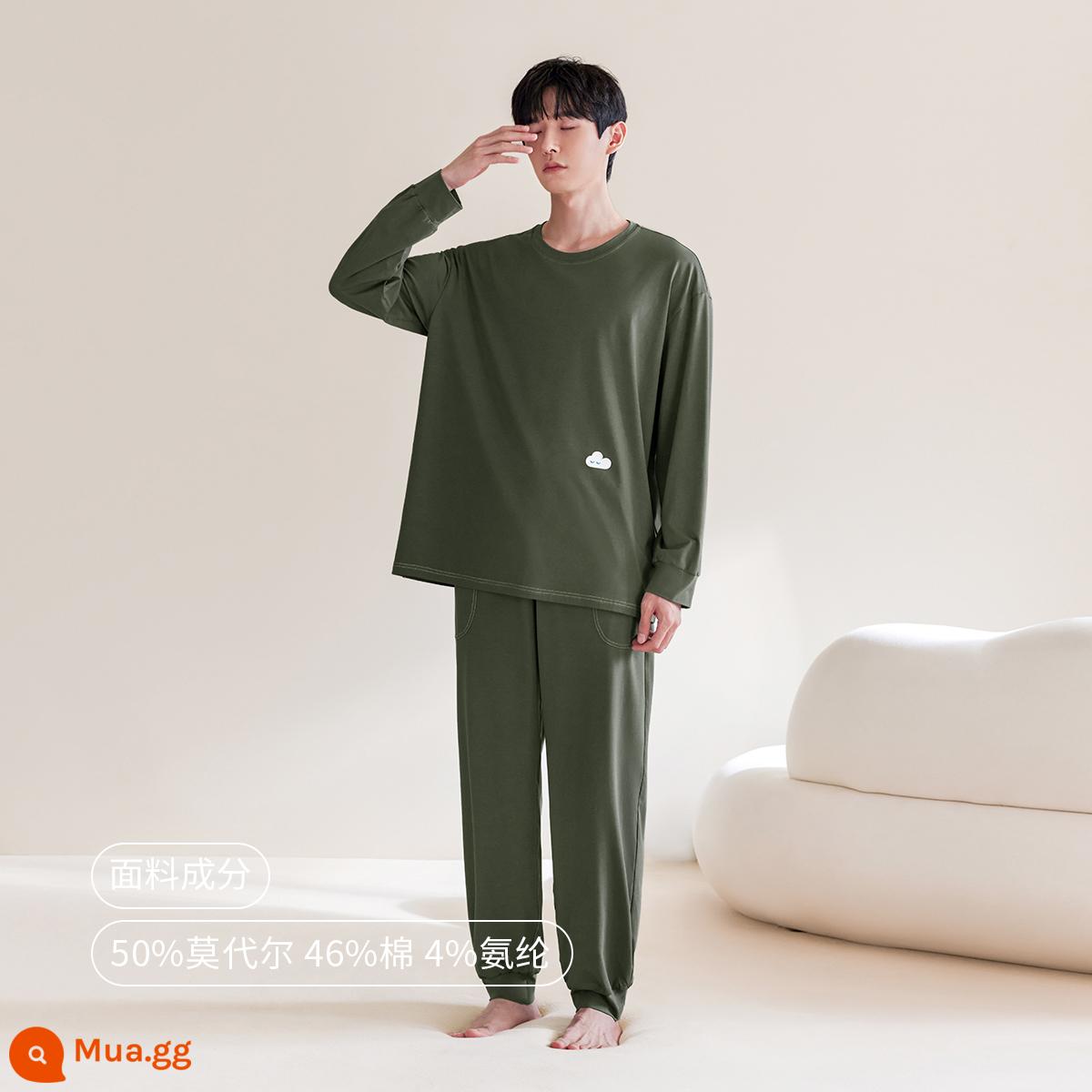 Jingyun [Siêu mềm] Bộ đồ ngủ đám mây dành cho nữ Mùa xuân và mùa thu cotton bé dài tay Dịch vụ ngủ tại nhà Cặp đôi phù hợp với nam giới - Suit cổ tròn nam màu xanh lá cây Fir