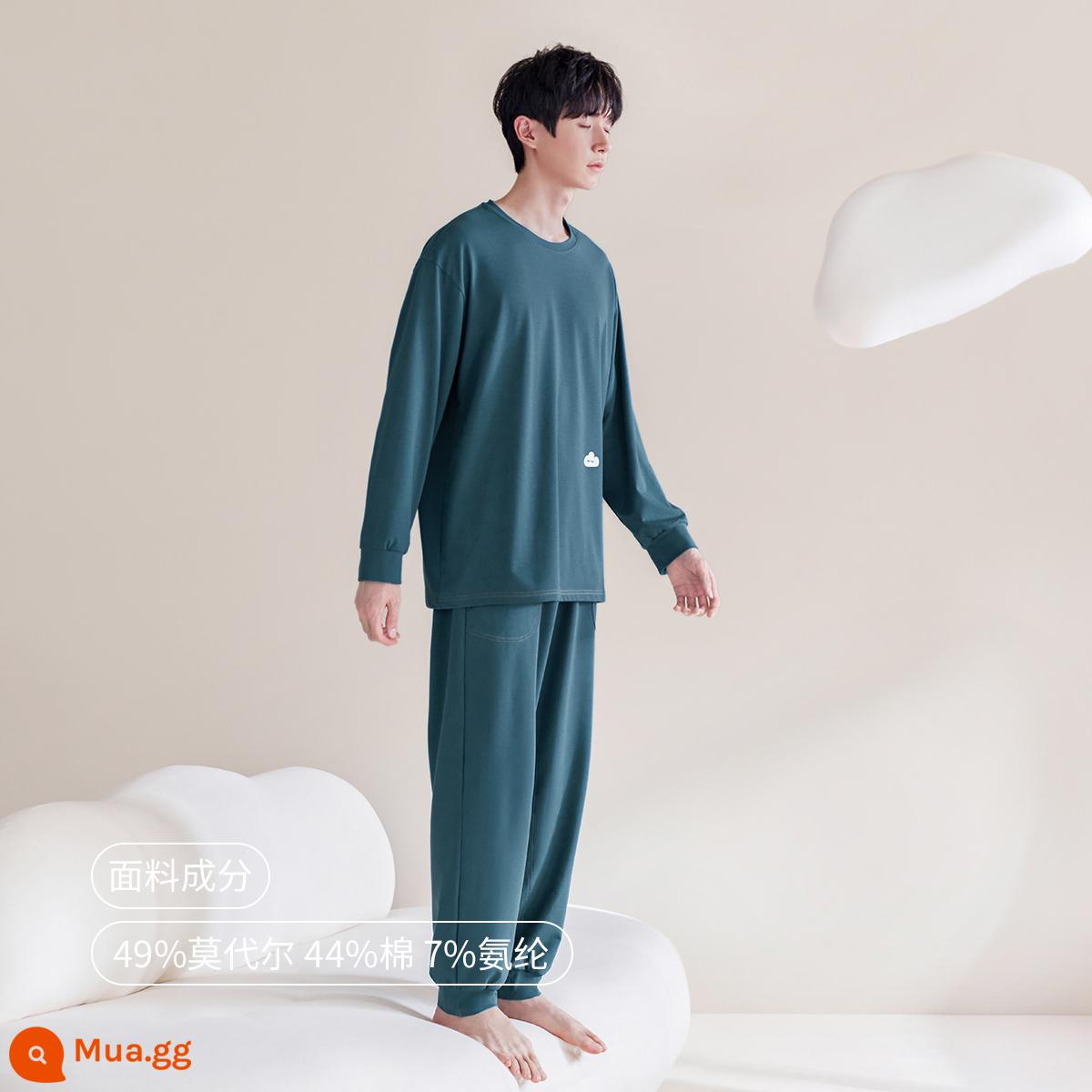 Jingyun [Siêu mềm] Bộ đồ ngủ đám mây dành cho nữ Mùa xuân và mùa thu cotton bé dài tay Dịch vụ ngủ tại nhà Cặp đôi phù hợp với nam giới - Suit cổ tròn nam màu xanh biển