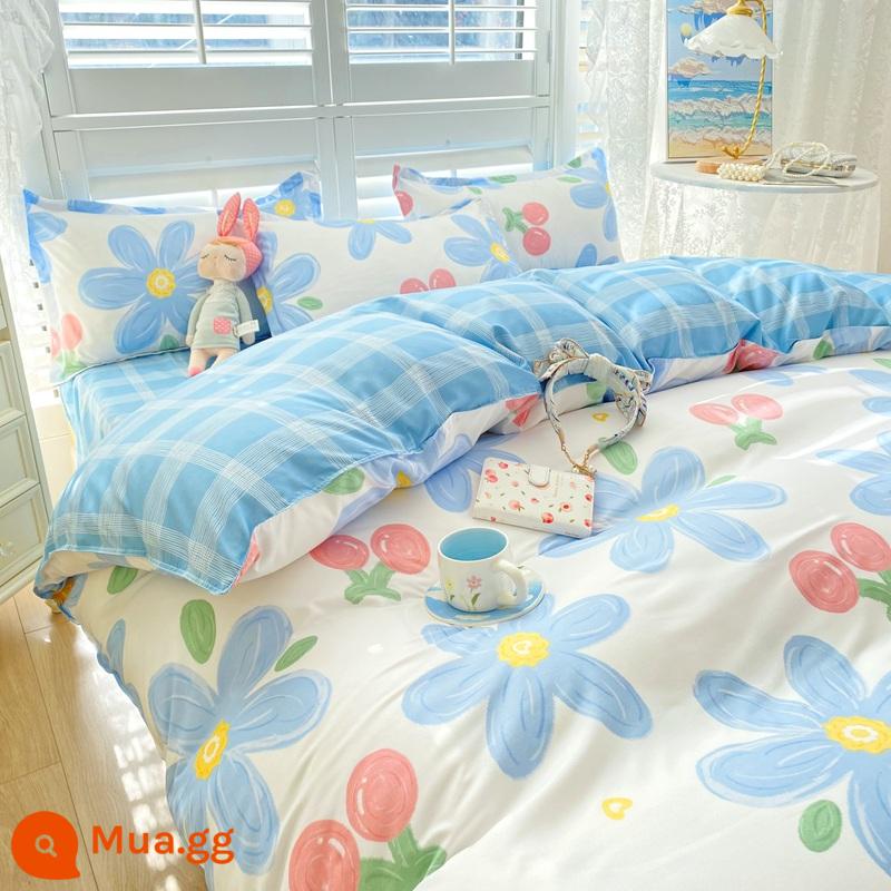 Bộ đồ giường 4 món mùa hè không cotton nguyên chất ga trải giường chải vỏ chăn ký túc xá sinh viên đơn 3 mảnh nữ - Tâm trạng nhẹ nhàng [thoải mái với da, thích hợp khi ngủ khỏa thân, không vón cục]