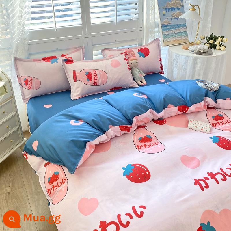 Bộ đồ giường 4 món mùa hè không cotton nguyên chất ga trải giường chải vỏ chăn ký túc xá sinh viên đơn 3 mảnh nữ - Sữa lắc dâu [thoải mái và thân thiện với làn da, thích hợp để ngủ khỏa thân, không vón cục]