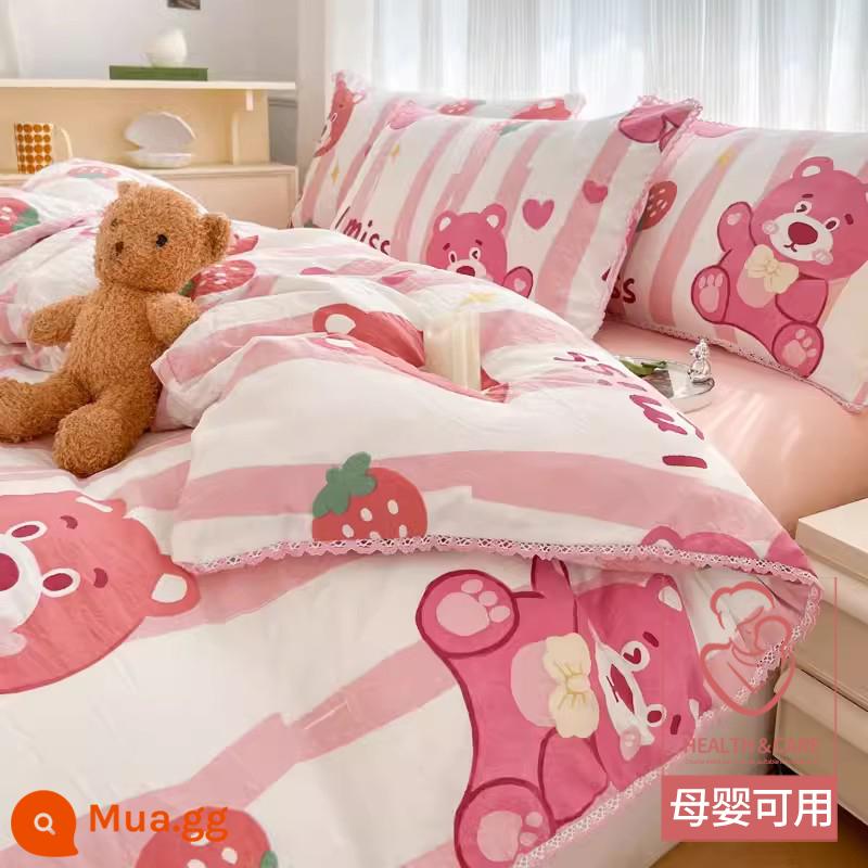 Vỏ chăn đơn 150x200x230 Vỏ chăn chải lông đơn dài 1,5m ký túc xá thu đông không cotton cotton nguyên chất - ✅Mẫu kháng khuẩn]Gấu Dâu]Có bản nâng cấp dành cho mẹ và bé