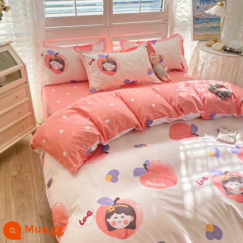 Bộ đồ giường 4 món mùa hè không cotton nguyên chất ga trải giường chải vỏ chăn ký túc xá sinh viên đơn 3 mảnh nữ - Xiao Taotao [thân thiện với làn da và thoải mái, thích hợp khi ngủ khỏa thân, không đóng cọc]