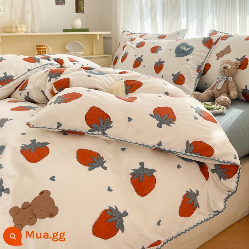 Vỏ chăn đơn 150x200x230 Vỏ chăn chải lông đơn dài 1,5m ký túc xá thu đông không cotton cotton nguyên chất - ✅Đã kiểm tra chất lượng] Strawberry Shortcake] 100% cotton đã giặt có trọng lượng cao