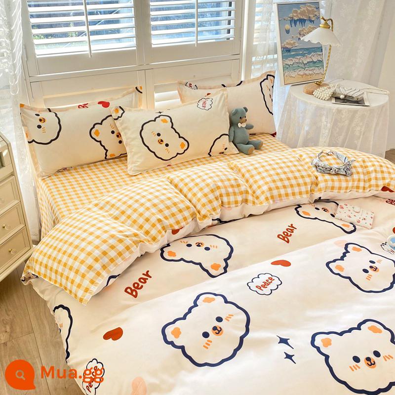 Bộ đồ giường 4 món mùa hè không cotton nguyên chất ga trải giường chải vỏ chăn ký túc xá sinh viên đơn 3 mảnh nữ - Care Bears [thoải mái với da, thích hợp khi ngủ khỏa thân, không vón cục]