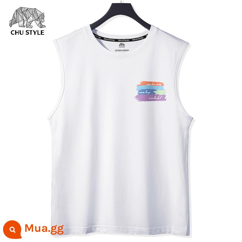 Vest nam áo ghi lê thể thao nam vai rộng cắt tay mùa hè cotton nguyên chất mỏng phần béo size lớn áo thun không tay thủy triều - Màu trắng (nhãn ngực khối màu)