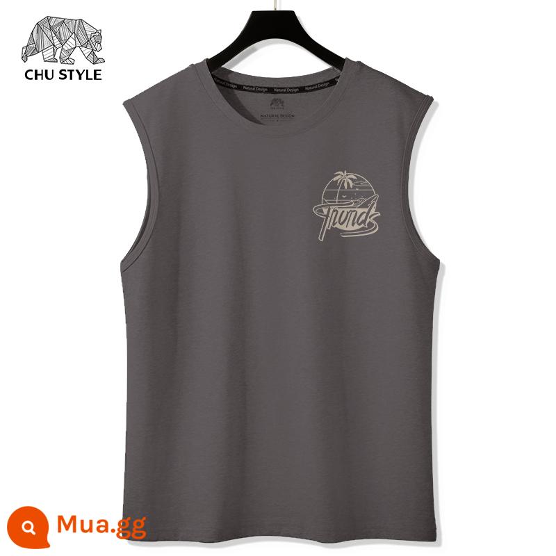 Vest nam áo ghi lê thể thao nam vai rộng cắt tay mùa hè cotton nguyên chất mỏng phần béo size lớn áo thun không tay thủy triều - Màu xám đậm (logo ngực hòn đảo mùa hè)