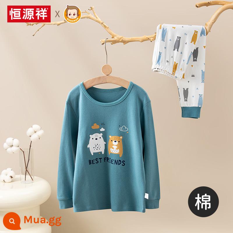 Hengyuanxiang quần áo mùa thu của cậu bé quần vệ sinh phù hợp với đồ lót cotton nguyên chất trẻ em nam bộ đồ ngủ cotton áo len cotton phần mỏng dành cho trẻ em trung và lớn - Pudding Bear 5A kháng khuẩn