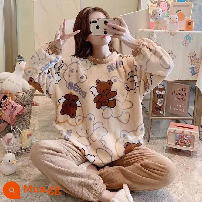 Kích thước lớn dày flannel đồ ngủ nữ mùa đông phiên bản Hàn Quốc hoạt hình dễ thương san hô nỉ ấm nhà quần áo giản dị phù hợp với - HX-165#Gấu Thiên Thần