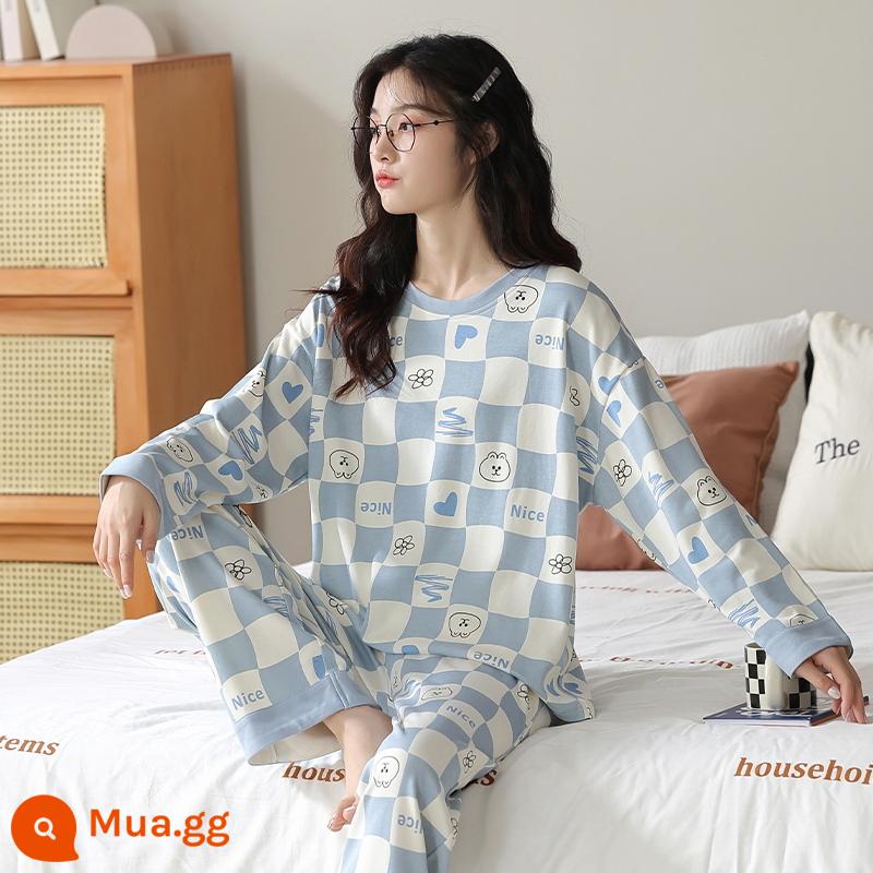 Bộ đồ ngủ bằng cotton nguyên chất cho nữ mùa xuân thu đông dài tay phong cách Hàn Quốc cho chị béo size lớn có thể mặc ngoài nhà cho học sinh Bộ đồ thể thao thông thường - 1972