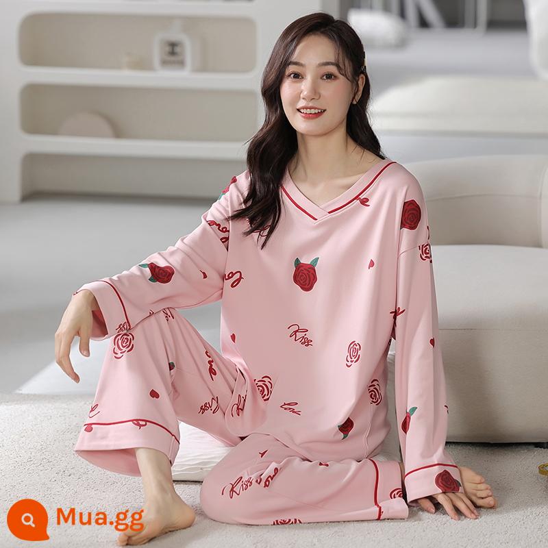 Bộ đồ ngủ bằng cotton nguyên chất cho nữ mùa xuân thu đông dài tay phong cách Hàn Quốc cho chị béo size lớn có thể mặc ngoài nhà cho học sinh Bộ đồ thể thao thông thường - 1956