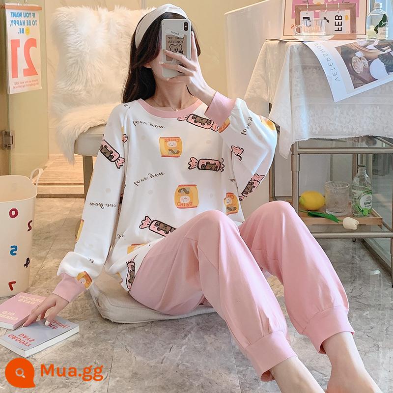 Phiên bản Hàn Quốc của bộ đồ ngủ hai mảnh dài tay mùa xuân và mùa thu cotton nguyên chất cho nữ phần mỏng lỏng lẻo thường phục vụ sinh viên tại nhà phù hợp với kích thước lớn - HS 5908#