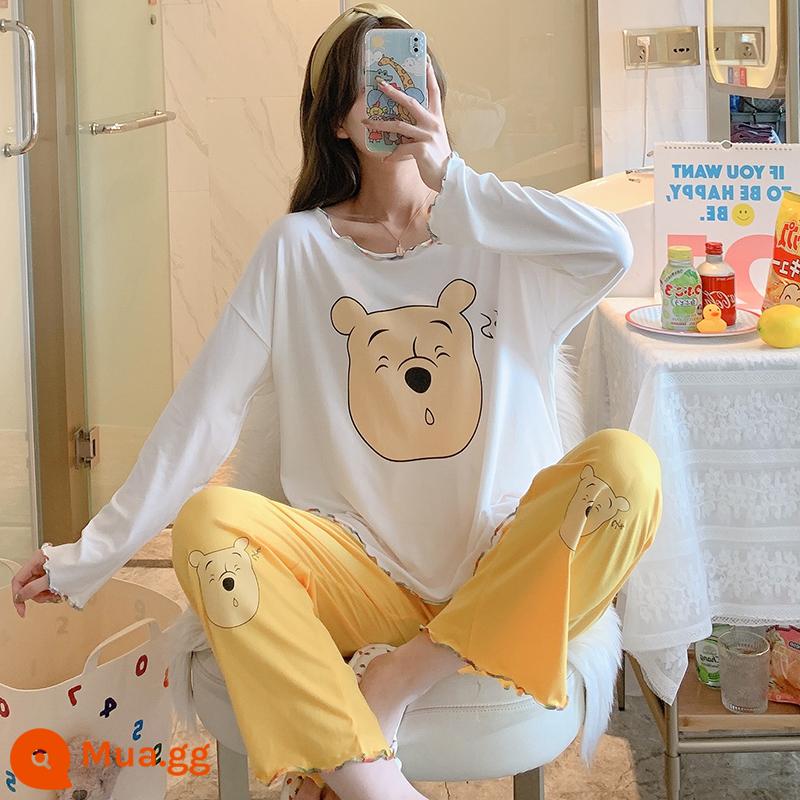 Bộ đồ ngủ cotton Modal cho nữ mùa xuân thu, dài tay, thời trang và dễ mặc, dáng rộng và dễ thương, bộ đồ mặc ở nhà thường ngày cho bé gái - 775#đầu gấu vàng