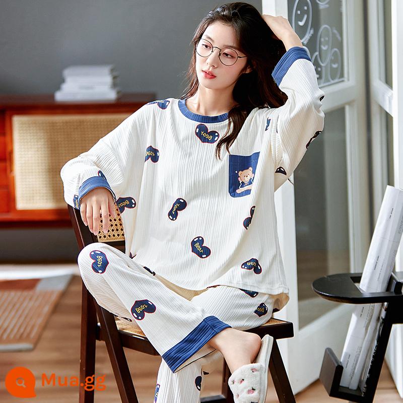 Bộ đồ ngủ cotton giả phương thức mùa xuân và mùa thu của phụ nữ mỏng phần lưới dài tay màu đỏ béo em gái cỡ lớn trang phục hai mảnh giản dị ở nhà - 784-5#Chăm Sóc Gấu