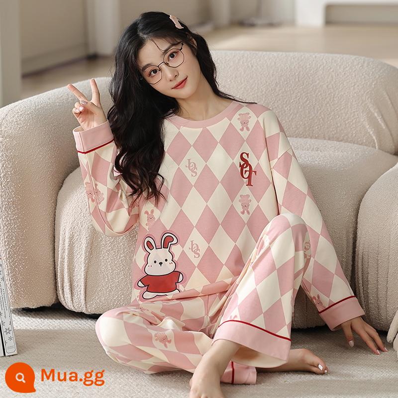 Bộ đồ ngủ bằng cotton nguyên chất cho nữ mùa xuân thu đông dài tay phong cách Hàn Quốc cho chị béo size lớn có thể mặc ngoài nhà cho học sinh Bộ đồ thể thao thông thường - 1969