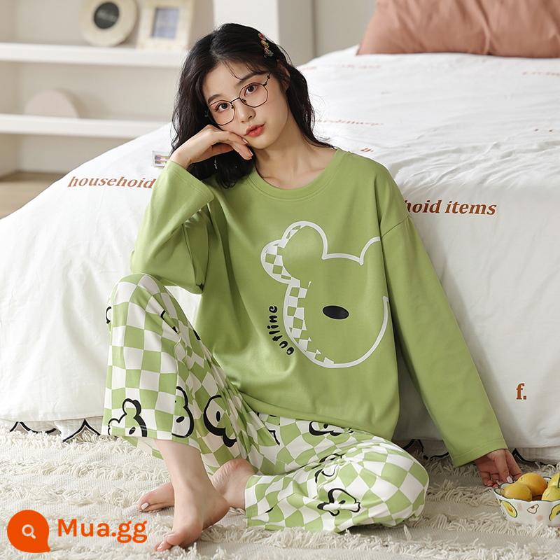 Bộ đồ ngủ bằng cotton nguyên chất cho nữ mùa xuân thu đông dài tay phong cách Hàn Quốc cho chị béo size lớn có thể mặc ngoài nhà cho học sinh Bộ đồ thể thao thông thường - 1974