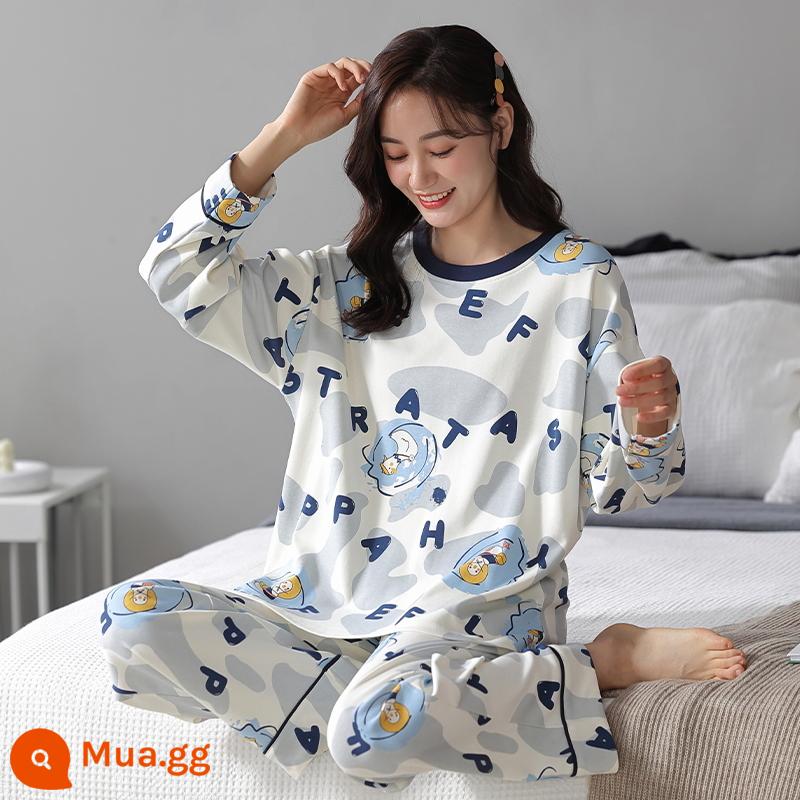 Bộ đồ ngủ bằng cotton nguyên chất cho nữ mùa xuân thu đông dài tay phong cách Hàn Quốc cho chị béo size lớn có thể mặc ngoài nhà cho học sinh Bộ đồ thể thao thông thường - 1957