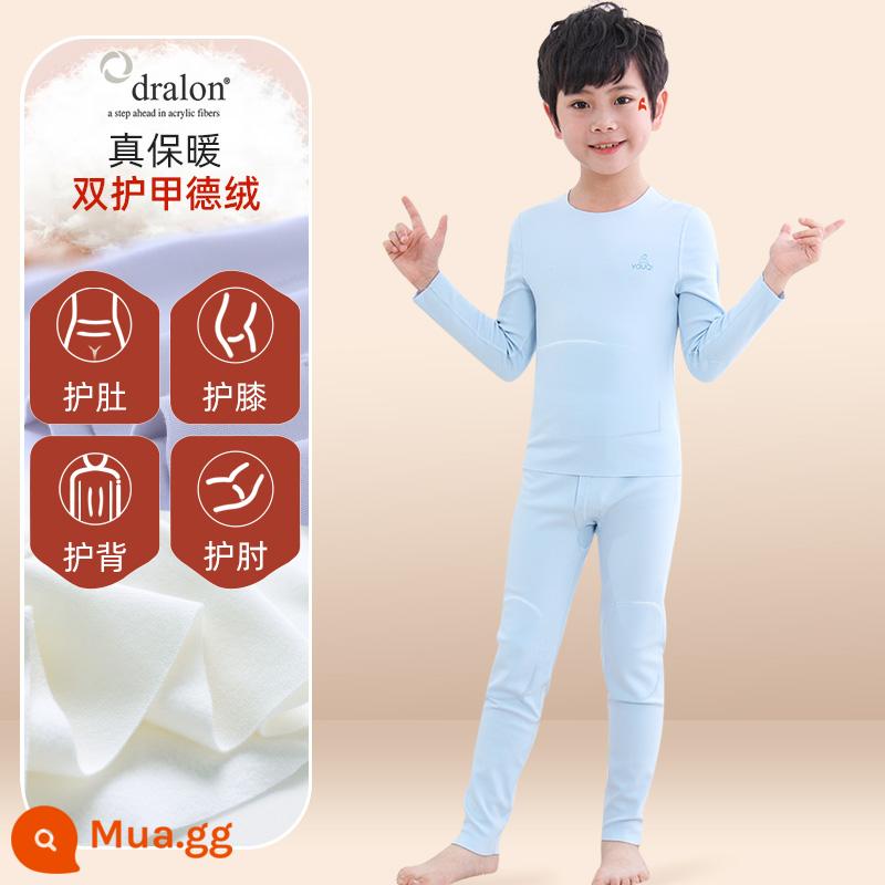 Quần áo bé trai mùa thu vệ sinh quần Bộ cotton nguyên chất de nhung sưởi ấm quần áo trẻ em bé gái Bộ quần áo thu đông cotton Plus bộ đồ ngủ nhung - [Nhung Đức nhập khẩu + giáp đôi] Bình giữ nhiệt và giữ ấm - xanh nhạt (bé trai)