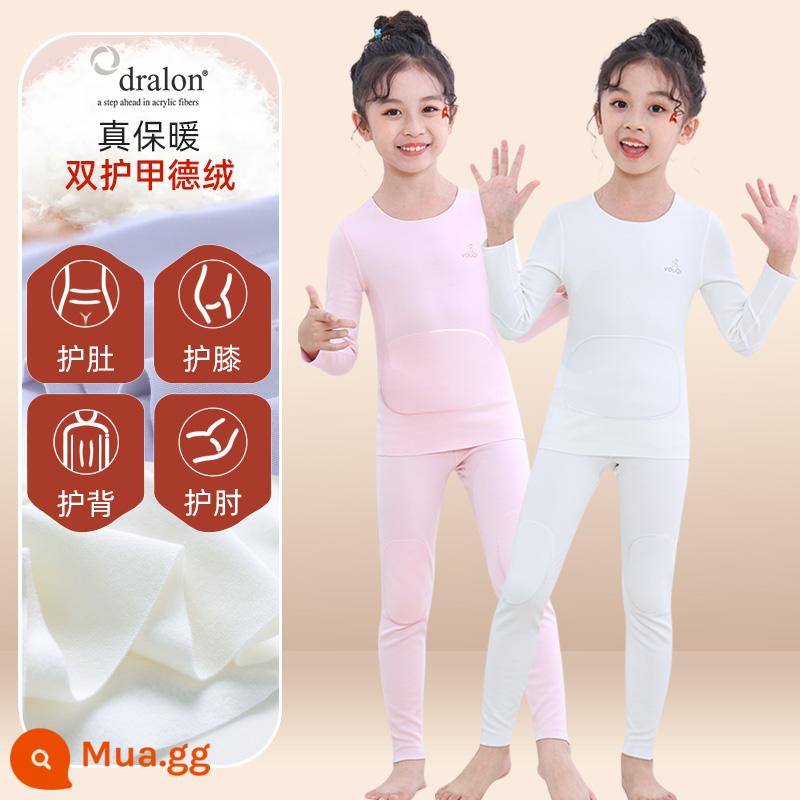 Quần áo bé trai mùa thu vệ sinh quần Bộ cotton nguyên chất de nhung sưởi ấm quần áo trẻ em bé gái Bộ quần áo thu đông cotton Plus bộ đồ ngủ nhung - 2 bộ [nhung Đức nhập khẩu + giáp đôi + giảm ngay 10] giữ nhiệt và giữ ấm - hồng + trắng (nữ)