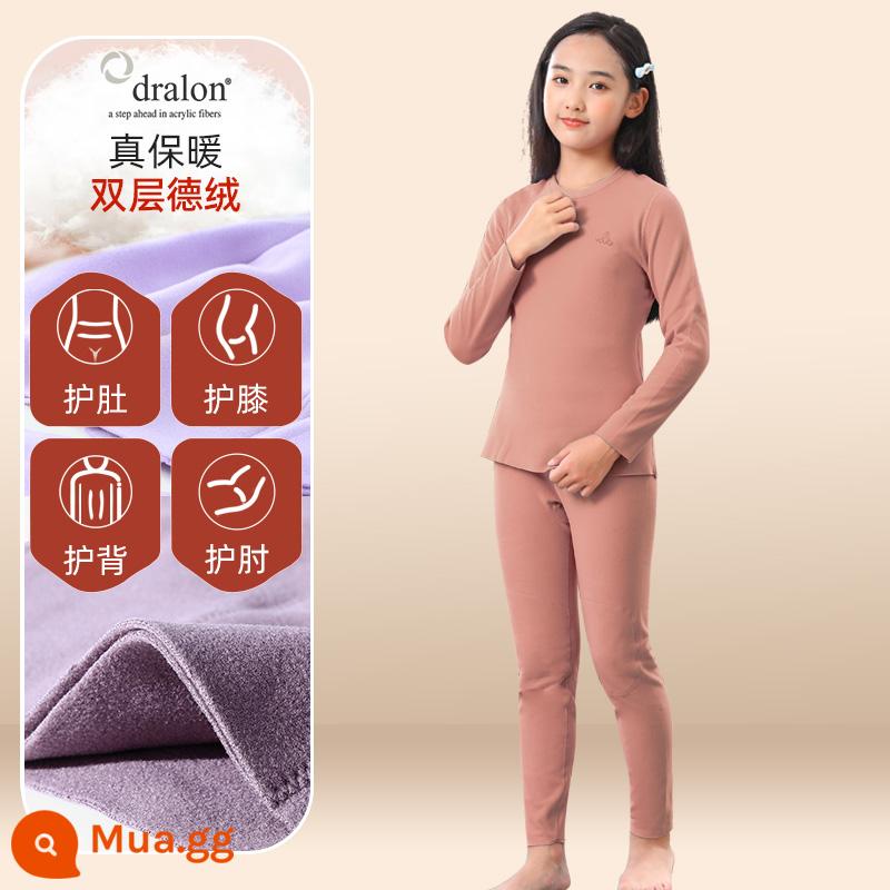 Quần áo bé trai mùa thu vệ sinh quần Bộ cotton nguyên chất de nhung sưởi ấm quần áo trẻ em bé gái Bộ quần áo thu đông cotton Plus bộ đồ ngủ nhung - [Nhung sưởi nhập khẩu + giáp đôi + dày hai lớp] Giữ nhiệt và giữ ấm - tinh bột củ sen (nữ)