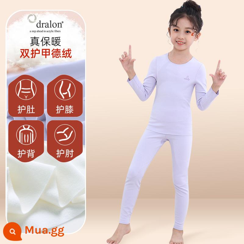 Quần áo bé trai mùa thu vệ sinh quần Bộ cotton nguyên chất de nhung sưởi ấm quần áo trẻ em bé gái Bộ quần áo thu đông cotton Plus bộ đồ ngủ nhung - [Nhung Đức + giáp đôi] Giữ nhiệt và giữ ấm - tím nhạt (nữ)