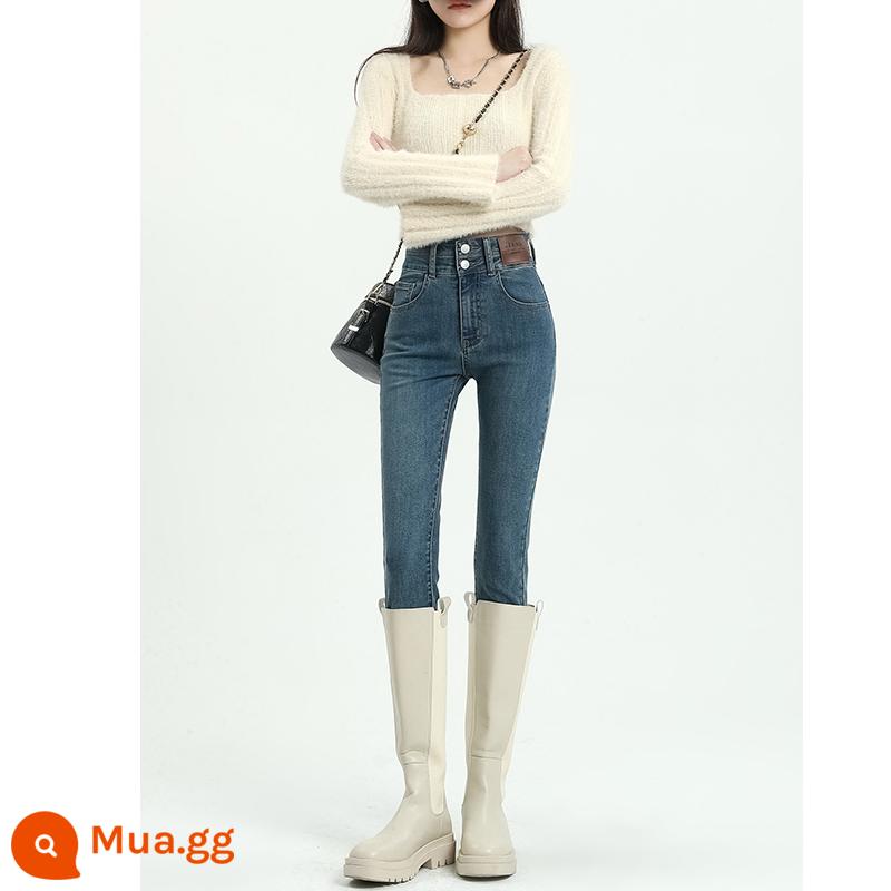 Quần Jean Lưng Cao Màu Xanh Retro Nữ Skinny Co Giãn Thu Đông 2022 Mới Slim Plus Nhung Bút Chì Thuốc Lá Quần - Màu xanh cổ điển chín điểm