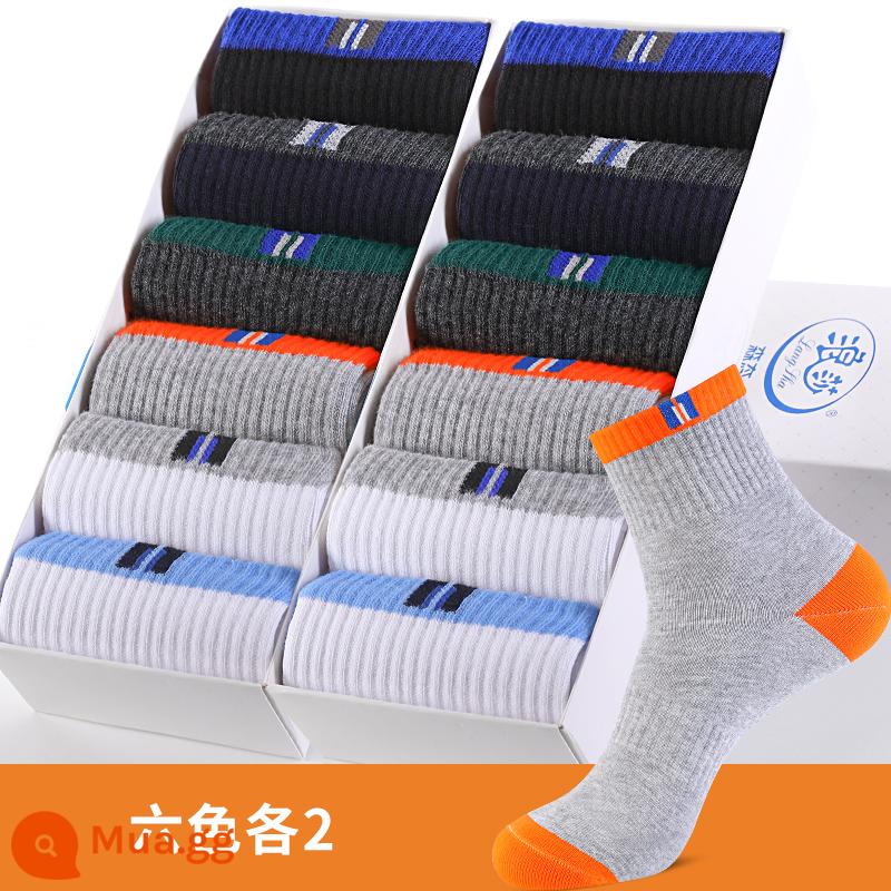 Tất Langsha nam ống giữa cotton nguyên chất thu đông khử mùi thấm hút mồ hôi vớ ống dài xuân thu cotton nam màu đen - Mẫu thể thao 2-2, mỗi loại có sáu màu (tổng cộng 12 đôi)