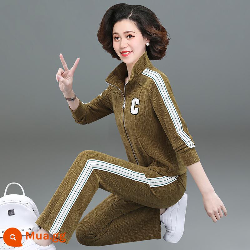 Bộ đồ thể thao nữ xuân thu 2023 phong cách mới phong cách nước ngoài Châu Âu hàng cotton áo len nữ thương hiệu cao cấp giải trí hai mảnh - Người mẫu trung niên Gừng