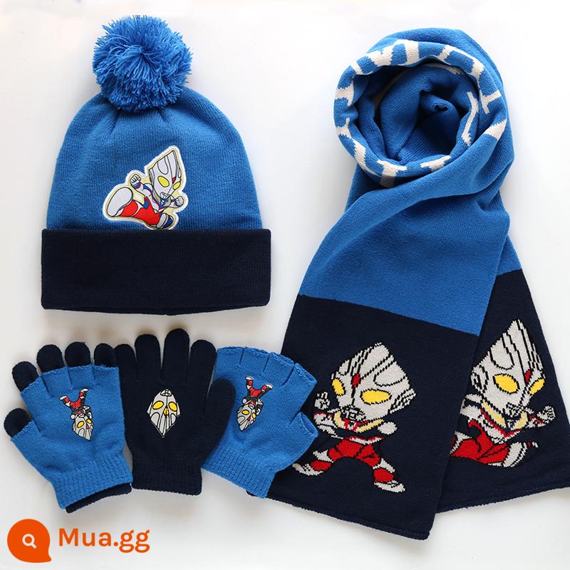 Trẻ em Captain America Hat Scarf Găng tay Boys Mùa thu và mùa đông Iron Man Ultraman Three -mẩu mũ kim - Mũ Ultraman Hải Quân + Khăn Quàng Cổ + Găng Tay Đôi T3-UT-2G