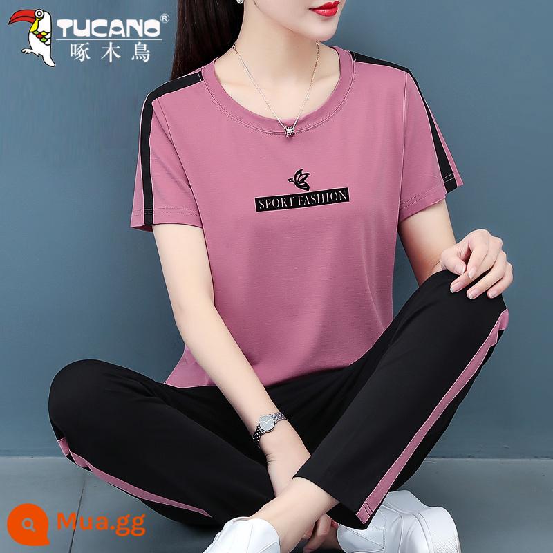 Bộ quần áo thể thao cotton chim gõ kiến mùa hè 2022 quần áo mùa hè mới quần áo nữ ngắn tay mùa hè 2023 thường ngày - bột da