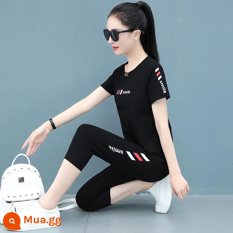 Bộ đồ thể thao cotton chim gõ kiến nữ mùa hè mới 2022 ngắn tay mẹ trung niên giản dị 2023 Ms. - GHS1091 tay ngắn + quần crop màu đen