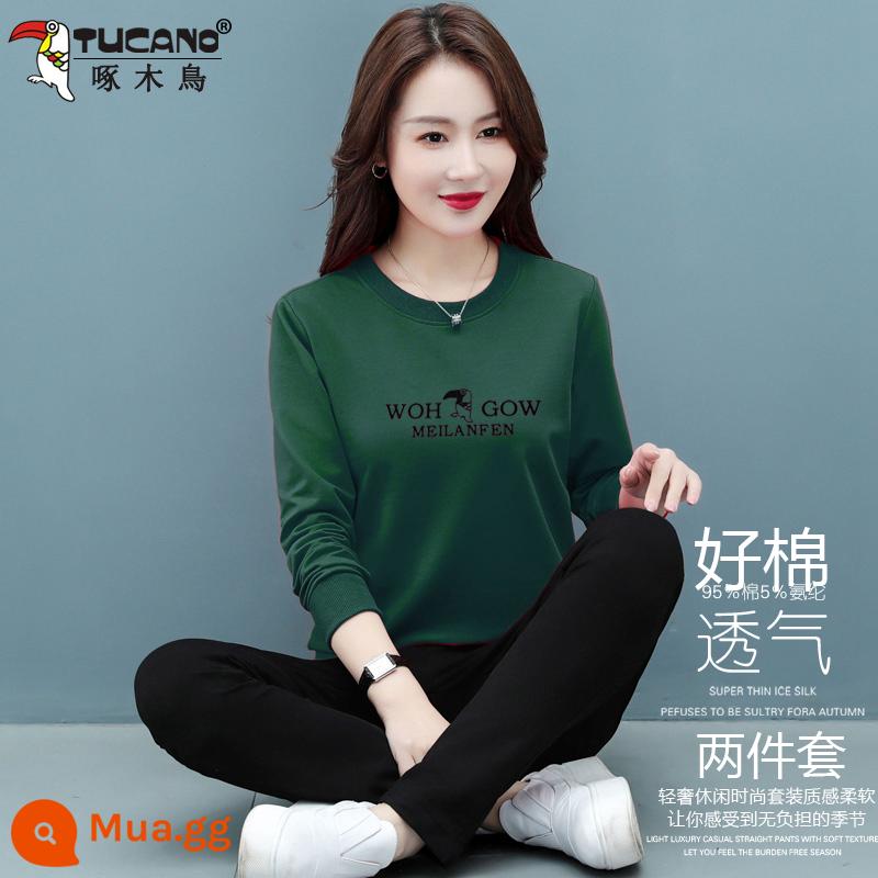 Bộ quần áo thể thao cotton chim gõ kiến mùa hè 2022 quần áo mùa hè mới quần áo nữ ngắn tay mùa hè 2023 thường ngày - AQ1803 Phong cách Xuân Thu Xanh! quần dài tay