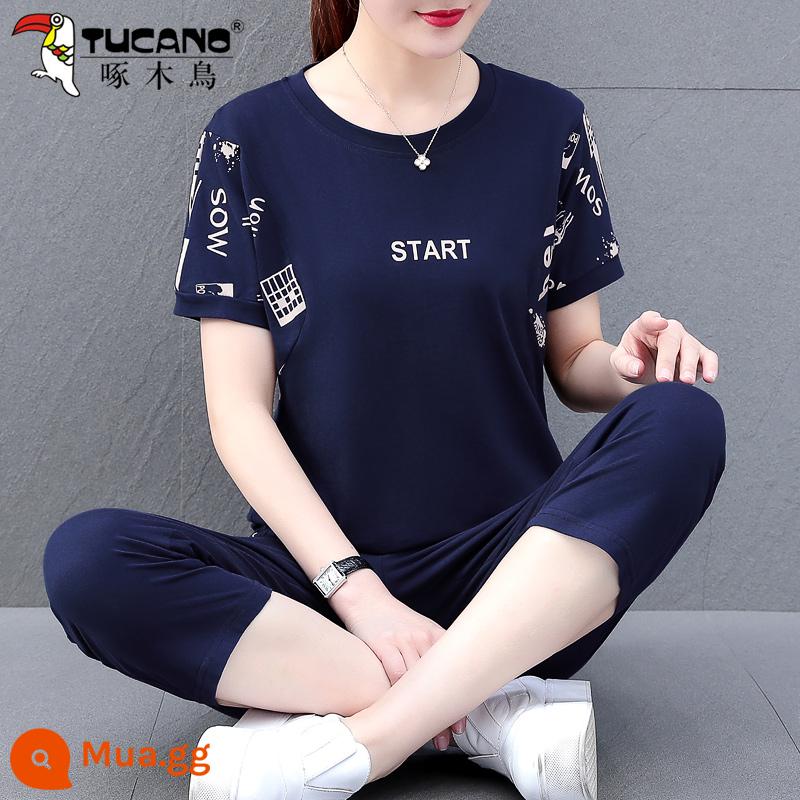 Bộ đồ thể thao cotton chim gõ kiến nữ mùa hè mới 2022 ngắn tay mẹ trung niên giản dị 2023 Ms. - Quần crop màu xanh đậm